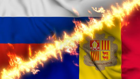 Photo for Illustration of a waving flag of russia and Andorra separated by a line of fire. Crossed flags: depiction of strained relations, conflicts and rivalry between the two countries - Royalty Free Image