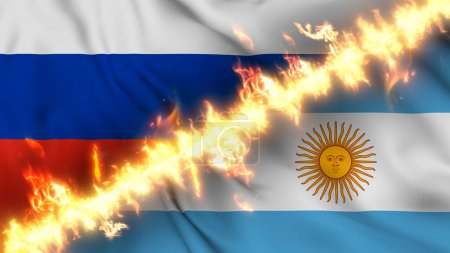 Photo for Illustration of a waving flag of russia and Argentina separated by a line of fire. Crossed flags: depiction of strained relations, conflicts and rivalry between the two countries - Royalty Free Image