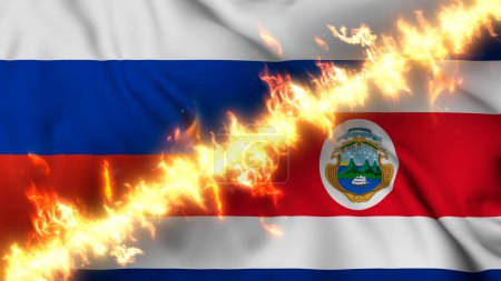 Foto de Ilustración de una bandera ondeante de Rusia y Costa Rica separadas por una línea de fuego. Banderas cruzadas: representación de relaciones tensas, conflictos y rivalidad entre los dos países - Imagen libre de derechos