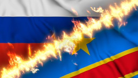 Photo for Waving flag of russia and Democratic Republic of Congo separated by a line of fire. Crossed flags: depiction of strained relations, conflicts and rivalry between the two countries - Royalty Free Image