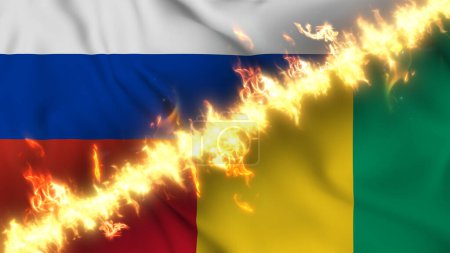 Photo for Illustration of a waving flag of russia and Guinea separated by a line of fire. Crossed flags: depiction of strained relations, conflicts and rivalry between the two countries - Royalty Free Image