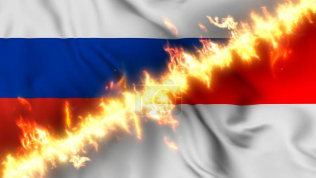 Photo for Illustration of a waving flag of russia and Indonesia separated by a line of fire. Crossed flags: depiction of strained relations, conflicts and rivalry between the two countries - Royalty Free Image