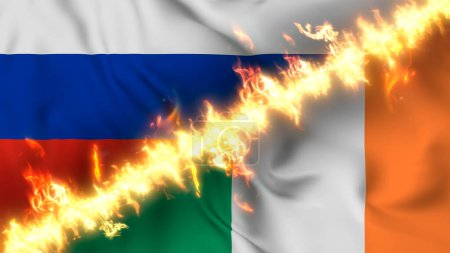 Foto de Ilustración de una bandera ondeante de Rusia e Irlanda separadas por una línea de fuego. Banderas cruzadas: representación de relaciones tensas, conflictos y rivalidad entre los dos países - Imagen libre de derechos