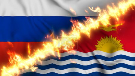 Photo for Illustration of a waving flag of russia and Kiribati separated by a line of fire. Crossed flags: depiction of strained relations, conflicts and rivalry between the two countries - Royalty Free Image