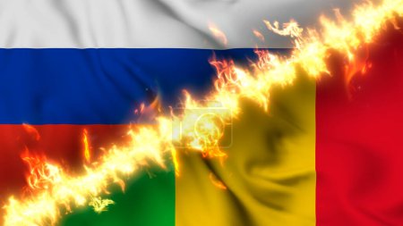 Photo for Illustration of a waving flag of russia and Mali separated by a line of fire. Crossed flags: depiction of strained relations, conflicts and rivalry between the two countries - Royalty Free Image