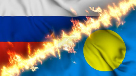 Photo for Illustration of a waving flag of russia and Palau separated by a line of fire. Crossed flags: depiction of strained relations, conflicts and rivalry between the two countries - Royalty Free Image