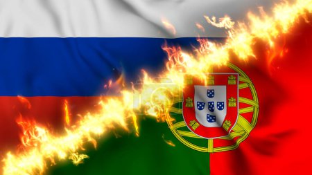 Photo for Illustration of a waving flag of russia and Portugal separated by a line of fire. Crossed flags: depiction of strained relations, conflicts and rivalry between the two countries - Royalty Free Image