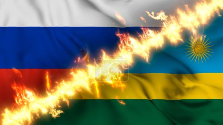 Photo for Illustration of a waving flag of russia and Rwanda separated by a line of fire. Crossed flags: depiction of strained relations, conflicts and rivalry between the two countries - Royalty Free Image