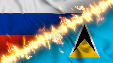 Photo for Illustration of a waving flag of russia and Saint Lucia separated by a line of fire. Crossed flags: depiction of strained relations, conflicts and rivalry between the two countries - Royalty Free Image