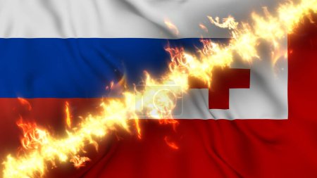 Photo for Illustration of a waving flag of russia and Tonga separated by a line of fire. Crossed flags: depiction of strained relations, conflicts and rivalry between the two countries - Royalty Free Image