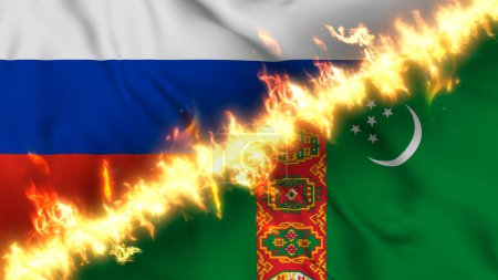 Photo for Illustration of a waving flag of russia and Turkmenistan separated by a line of fire. Crossed flags: depiction of strained relations, conflicts and rivalry between the two countries - Royalty Free Image