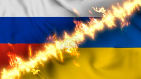 Photo for Illustration of a waving flag of russia and Ukraine separated by a line of fire. Crossed flags: depiction of strained relations, conflicts and rivalry between the two countries - Royalty Free Image