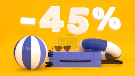 Photo for White text minus 45 percent with suitcase, sunglasses, ball on yellow background in modern style. Travel background. Modern lifestyle. Summer vacation concept. 3d rendering - Royalty Free Image