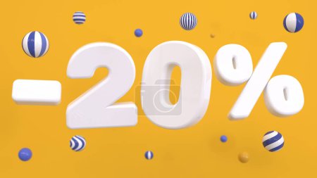 Photo for White 20 percent surrounded by striped balls on a yellow background. Discounts, shopping, online sales. 3D rendering - Royalty Free Image