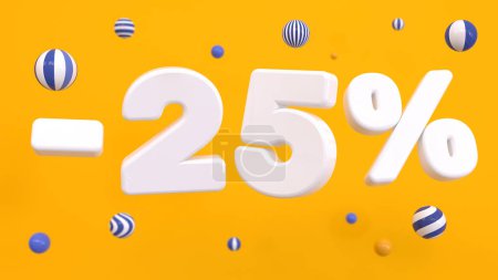 Photo for White 25 percent surrounded by striped balls on a yellow background. Discounts, shopping, online sales. 3D rendering - Royalty Free Image
