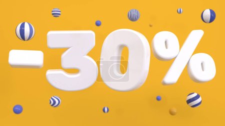 Photo for White 30 percent surrounded by striped balls on a yellow background. Discounts, shopping, online sales. 3D rendering - Royalty Free Image