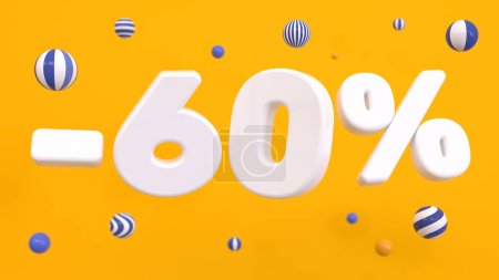 Photo for White 60 percent surrounded by striped balls on a yellow background. Discounts, shopping, online sales. 3D rendering - Royalty Free Image