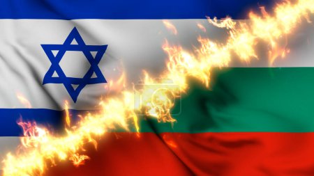 Photo for Illustration of a waving flag of Israel and Bulgaria separated by a line of fire. Crossed flags: depiction of strained relations, conflicts and rivalry between the two countries - Royalty Free Image