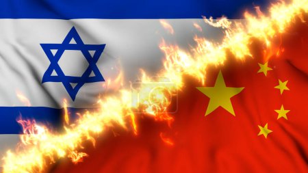 Foto de Ilustración de una bandera ondeante de Israel y China separadas por una línea de fuego. Banderas cruzadas: representación de relaciones tensas, conflictos y rivalidad entre los dos países - Imagen libre de derechos