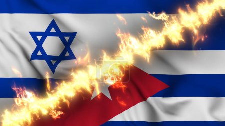 Photo for Illustration of a waving flag of Israel and Cuba separated by a line of fire. Crossed flags: depiction of strained relations, conflicts and rivalry between the two countries - Royalty Free Image