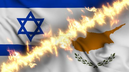 Photo for Illustration of a waving flag of Israel and Cyprus separated by a line of fire. Crossed flags: depiction of strained relations, conflicts and rivalry between the two countries - Royalty Free Image