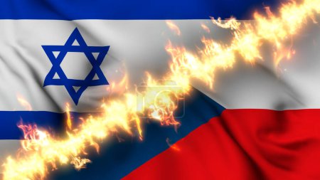 Photo for Illustration of a waving flag of Israel and Czech Republic separated by a line of fire. Crossed flags: depiction of strained relations, conflicts and rivalry between the two countries - Royalty Free Image