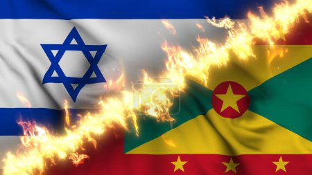 Photo for Illustration of a waving flag of Israel and Grenada separated by a line of fire. Crossed flags: depiction of strained relations, conflicts and rivalry between the two countries - Royalty Free Image