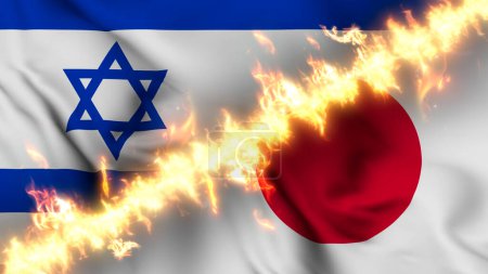 Foto de Ilustración de una bandera ondeante de Israel y Japón separadas por una línea de fuego. Banderas cruzadas: representación de relaciones tensas, conflictos y rivalidad entre los dos países - Imagen libre de derechos