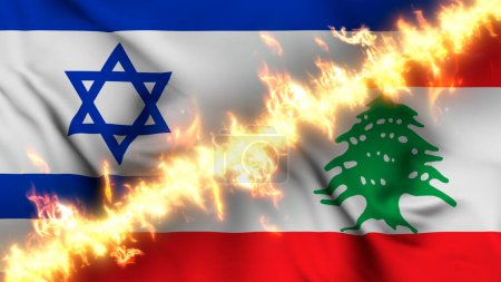 Photo for Illustration of a waving flag of Israel and Lebanon separated by a line of fire. Crossed flags: depiction of strained relations, conflicts and rivalry between the two countries - Royalty Free Image