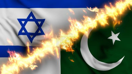 Photo for Illustration of a waving flag of Israel and Pakistan separated by a line of fire. Crossed flags: depiction of strained relations, conflicts and rivalry between the two countries - Royalty Free Image