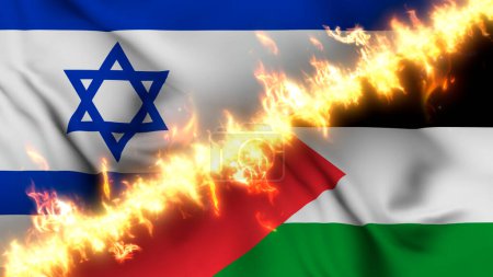Foto de Ilustración de una bandera ondeante de Israel y Palestina separadas por una línea de fuego. Banderas cruzadas: representación de relaciones tensas, conflictos y rivalidad entre los dos países - Imagen libre de derechos