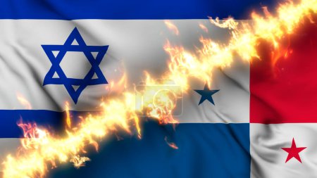 Photo for Illustration of a waving flag of Israel and Panama separated by a line of fire. Crossed flags: depiction of strained relations, conflicts and rivalry between the two countries - Royalty Free Image