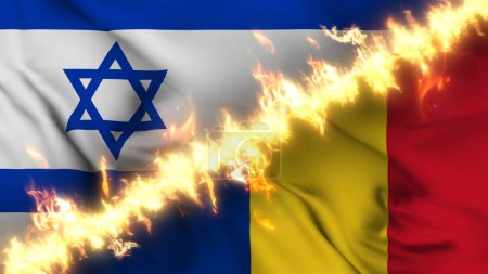 Foto de Ilustración de una bandera ondeante de Israel y Rumania separadas por una línea de fuego. Banderas cruzadas: representación de relaciones tensas, conflictos y rivalidad entre los dos países - Imagen libre de derechos