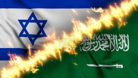 Téléchargez les photos : Illustration d'un drapeau ondulé d'Israël et d'Arabie saoudite séparé par une ligne de feu. Drapeaux croisés : représentation des relations tendues, des conflits et des rivalités entre les deux pays - en image libre de droit
