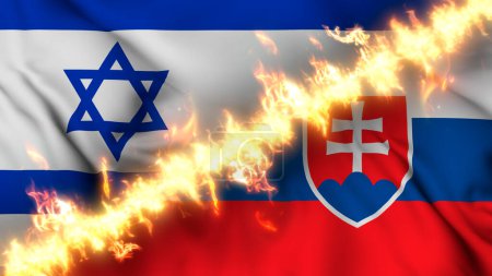 Photo for Illustration of a waving flag of Israel and Slovakia separated by a line of fire. Crossed flags: depiction of strained relations, conflicts and rivalry between the two countries - Royalty Free Image