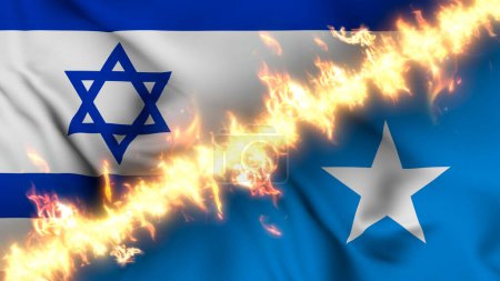 Foto de Ilustración de una bandera ondeante de Israel y Somalia separadas por una línea de fuego. Banderas cruzadas: representación de relaciones tensas, conflictos y rivalidad entre los dos países - Imagen libre de derechos