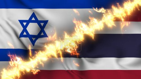 Photo for Illustration of a waving flag of Israel and Thailand separated by a line of fire. Crossed flags: depiction of strained relations, conflicts and rivalry between the two countries - Royalty Free Image
