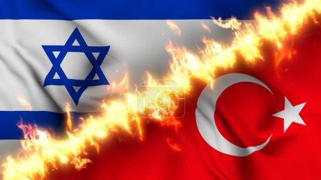 Foto de Ilustración de una bandera ondeante de Israel y Turquía separadas por una línea de fuego. Banderas cruzadas: representación de relaciones tensas, conflictos y rivalidad entre los dos países - Imagen libre de derechos