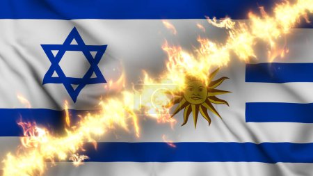 Photo for Illustration of a waving flag of Israel and Uruguay separated by a line of fire. Crossed flags: depiction of strained relations, conflicts and rivalry between the two countries - Royalty Free Image