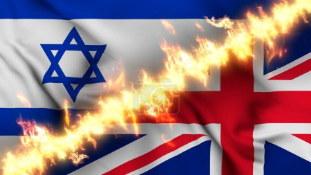 Photo for Illustration of a waving flag of Israel and United Kingdom separated by a line of fire. Crossed flags: depiction of strained relations, conflicts and rivalry between the two countries - Royalty Free Image