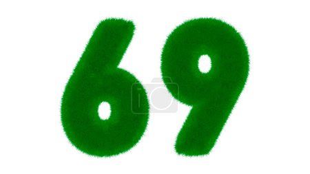 Foto de Número 69 de fuente verde natural en forma de hierba sobre un fondo blanco aislado. ilustración de renderizado 3d - Imagen libre de derechos
