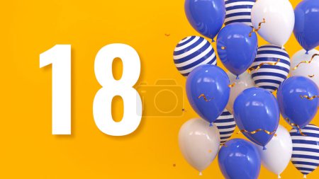 Foto de La inscripción 18 sobre un fondo amarillo con globos, confeti dorado, serpentina. Tarjeta de felicitación, concepto brillante, ilustración. 3d renderizar - Imagen libre de derechos