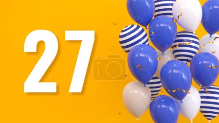 Foto de La inscripción 27 sobre un fondo amarillo con globos, confeti dorado, serpentina. Tarjeta de felicitación, concepto brillante, ilustración. 3d renderizar - Imagen libre de derechos