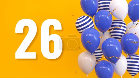 Foto de La inscripción 26 sobre un fondo amarillo con globos, confeti dorado, serpentina. Tarjeta de felicitación, concepto brillante, ilustración. 3d renderizar - Imagen libre de derechos