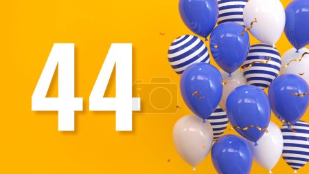 The inscription 44 on a yellow background with balloons, golden confetti, serpentine. Greeting card, bright concept, illustration. 3d render