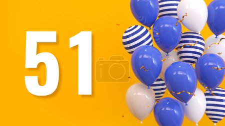 Foto de La inscripción 51 sobre un fondo amarillo con globos, confeti dorado, serpentina. Tarjeta de felicitación, concepto brillante, ilustración. 3d renderizar - Imagen libre de derechos