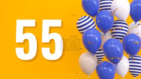 Foto de La inscripción 55 sobre un fondo amarillo con globos, confeti dorado, serpentina. Tarjeta de felicitación, concepto brillante, ilustración. 3d renderizar - Imagen libre de derechos