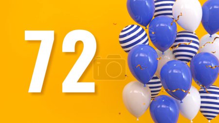 Foto de La inscripción 72 sobre un fondo amarillo con globos, confeti dorado, serpentina. Tarjeta de felicitación, concepto brillante, ilustración. 3d renderizar - Imagen libre de derechos