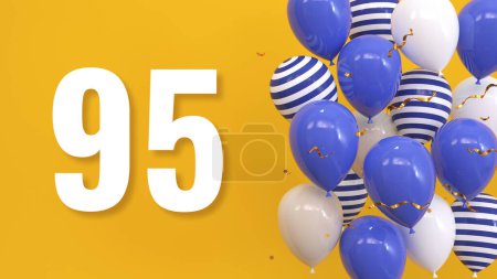 Foto de La inscripción 95 sobre un fondo amarillo con globos, confeti dorado, serpentina. Tarjeta de felicitación, concepto brillante, ilustración. 3d renderizar - Imagen libre de derechos