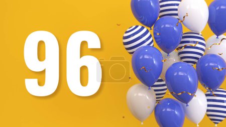 Foto de La inscripción 96 sobre un fondo amarillo con globos, confeti dorado, serpentina. Tarjeta de felicitación, concepto brillante, ilustración. 3d renderizar - Imagen libre de derechos